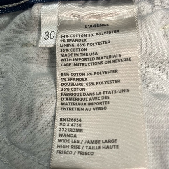 L'AGENCE Wanda Wide Leg High Rise Crop Uncut Hem Frisco Indigo Blue Wash Size 30 - Picture 9 of 11